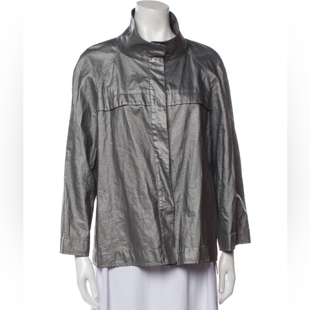 Lafayette 148 New York Silver Metallic Coated Linen Stand Collar Jacket Size 16